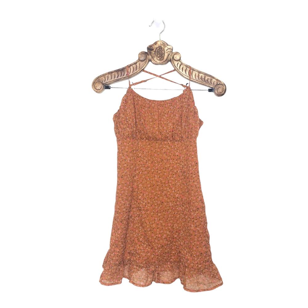 Leith Dress Orange Floral Gathered Bodice Cami Strap Cross Back Ruffle Hem S